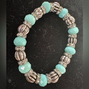 Faux Turquoise and Silver tone Beaded Bracelet with Intricate Design